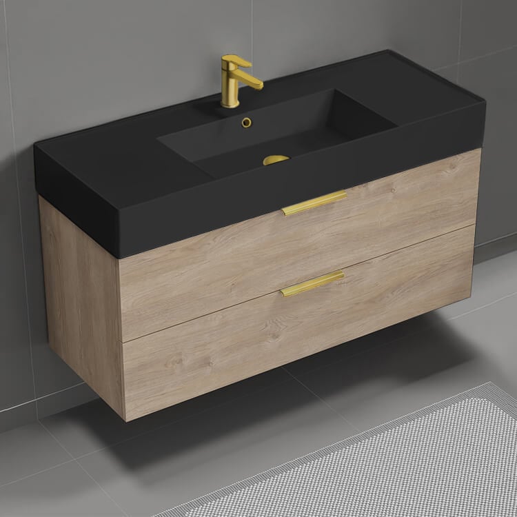 Nameeks DERIN208 48 Inch Bathroom Vanity With Black Sink, Floating, Brown Oak